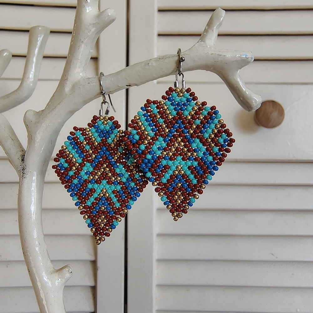 Handmade Artisan Beaded Earrings - Turquoise and Brown
